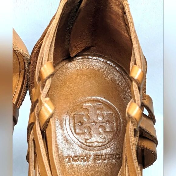 Tory Burch Tevray Huarache Tan Leather 4" Wedge Strappy Sandals Size 8M - Picture 10 of 11